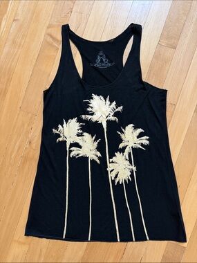 Bear Dance Black Tank with Gold Metallic Palm Trees Size Small